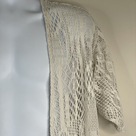 Womens Boho Beach Crochet Mid Length Cardigan Sweater 1X Ivory Neutral Travel - Picture 3 of 6